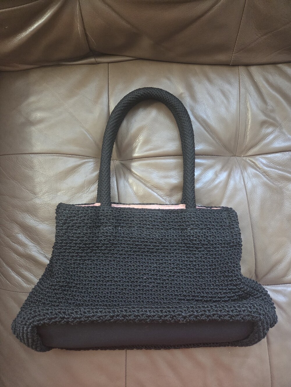 Vintage Y2K The Sak Hand Crochet Black Shoulder Bag Tote Baby Pink Lining